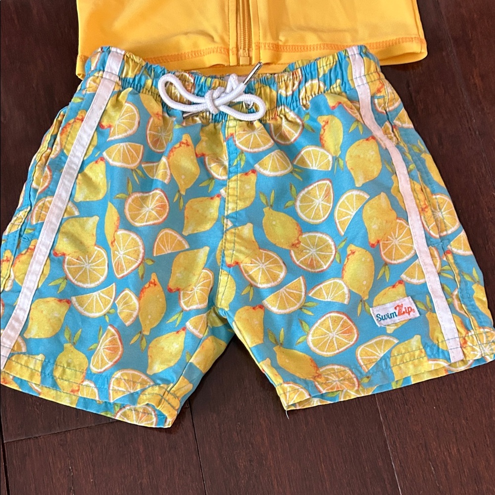 SwimZip 4T Boys Swim Trunks and Rash-guard Set, Lemons, Zipper Shirt, Swim Set - Picture 3 of 6